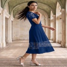 Lace Inset Fit-and-Flare Dress with Self Belt image number 1