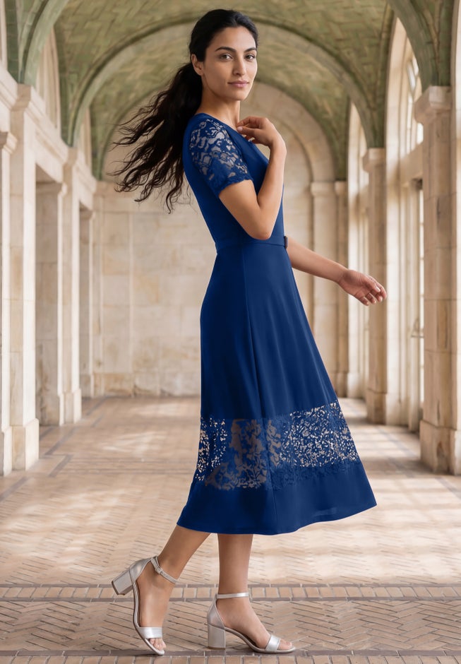 Lace Inset Fit-and-Flare Dress with Self Belt image number 1
