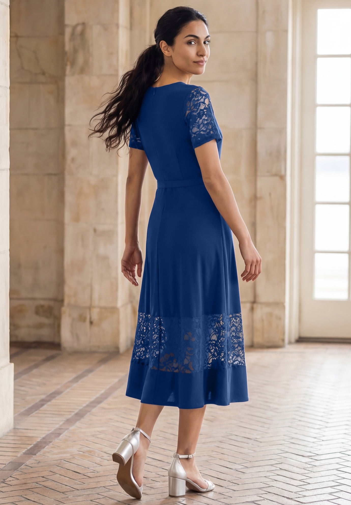 Lace Inset Fit-and-Flare Dress with Self Belt image number 2