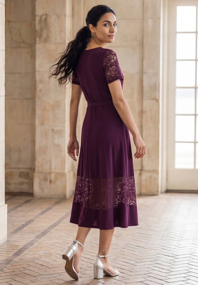 Lace Inset Fit-and-Flare Dress with Self Belt image number 1