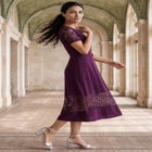Lace Inset Fit-and-Flare Dress with Self Belt image number null