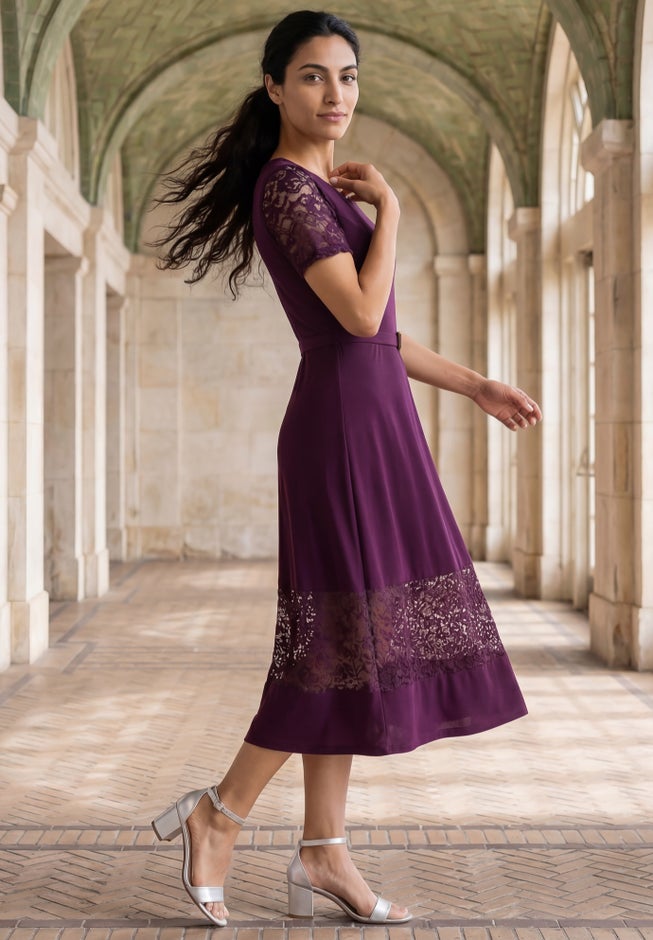 Lace Inset Fit-and-Flare Dress with Self Belt image number 2