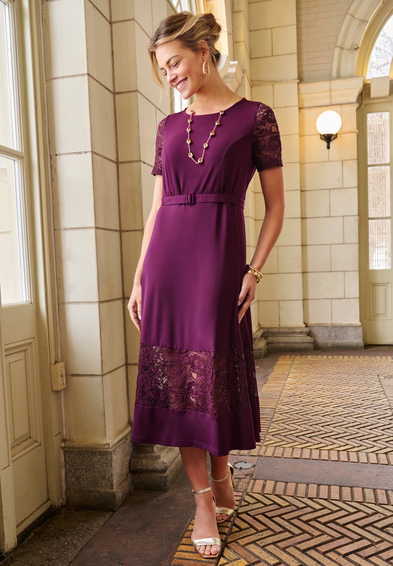 Lace Inset Fit-and-Flare Dress with Self Belt image number 0