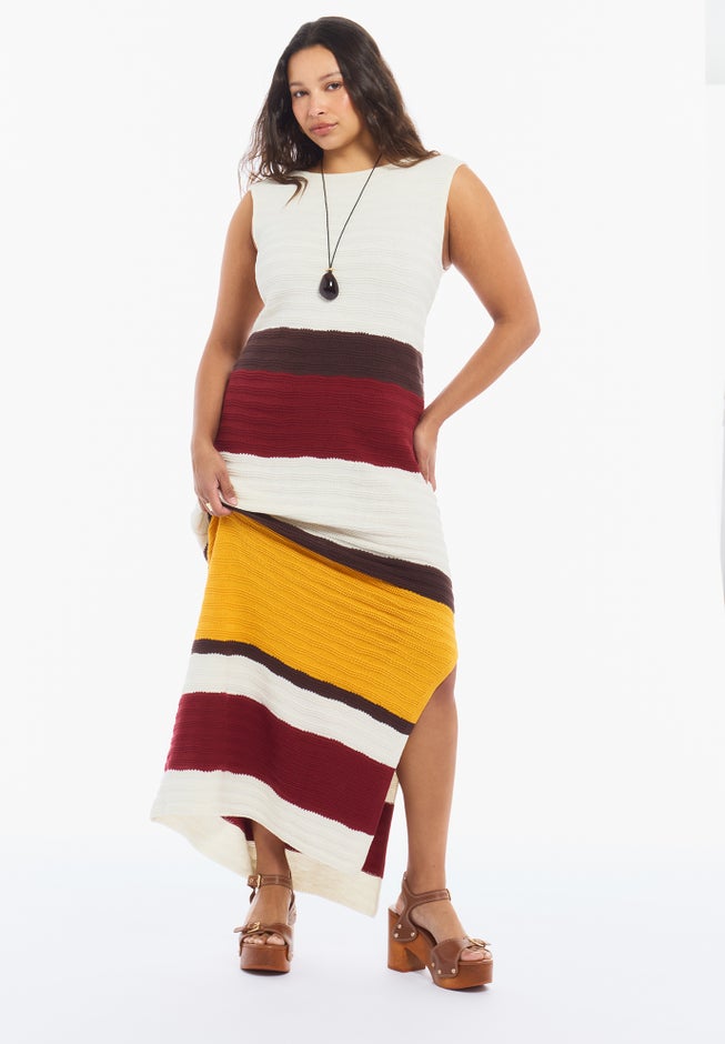 Colorblock Crochet Knit Maxi Dress image number 4
