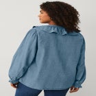 Button-Front Ruffle V-Neck Denim Shirt image number 1