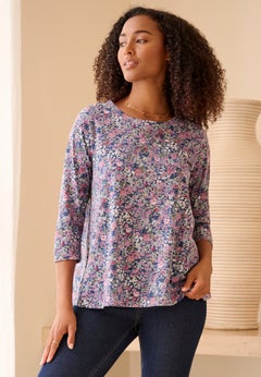 Cotton Jersey Slub Three-Quarter Sleeve Trapeze Tee