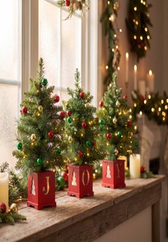 Pre-lit "JOY" Wooden Urn Tree Set, Set of 3