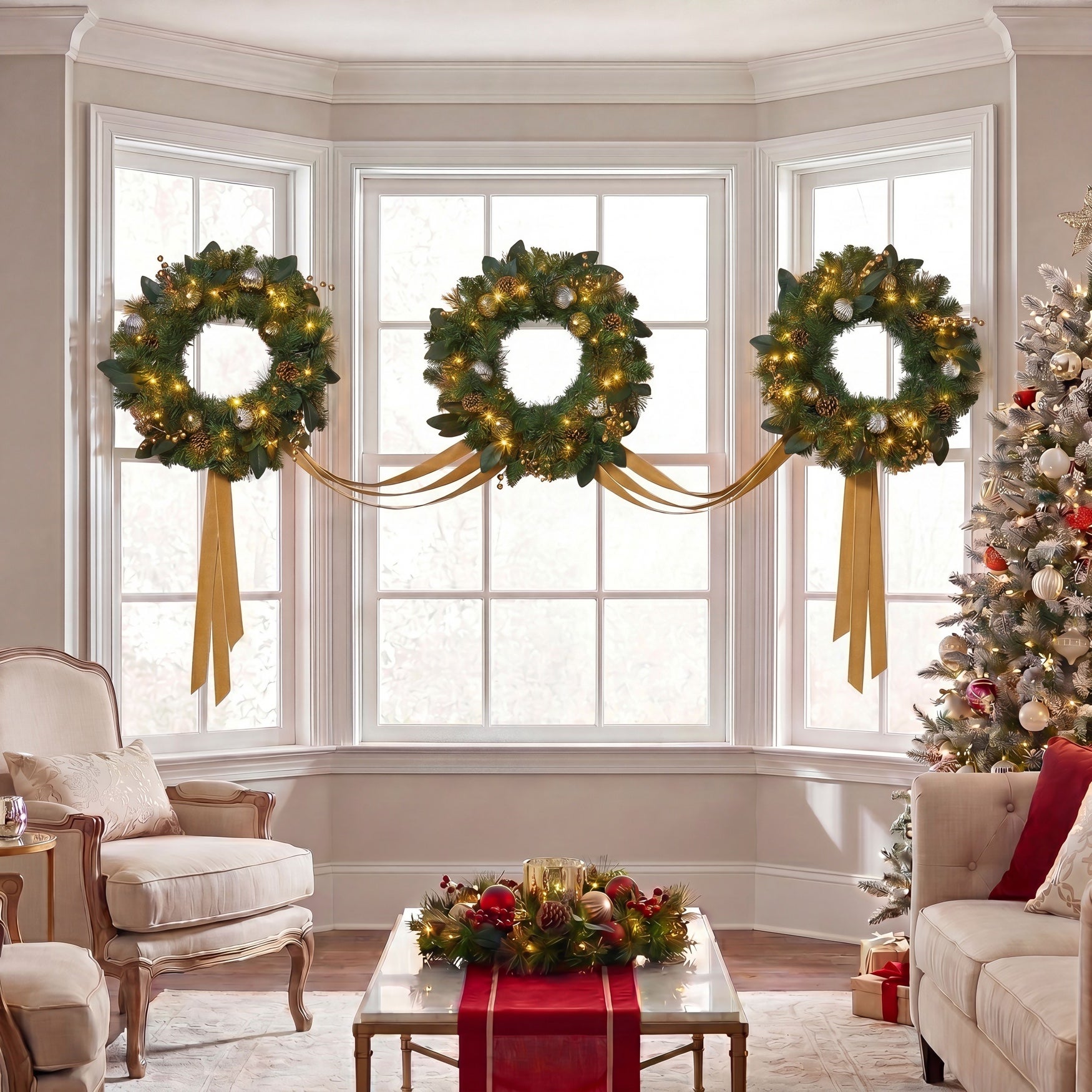 Hanging 20" Pre-lit Mixed Pine Wreath, Set of 3 image number 8