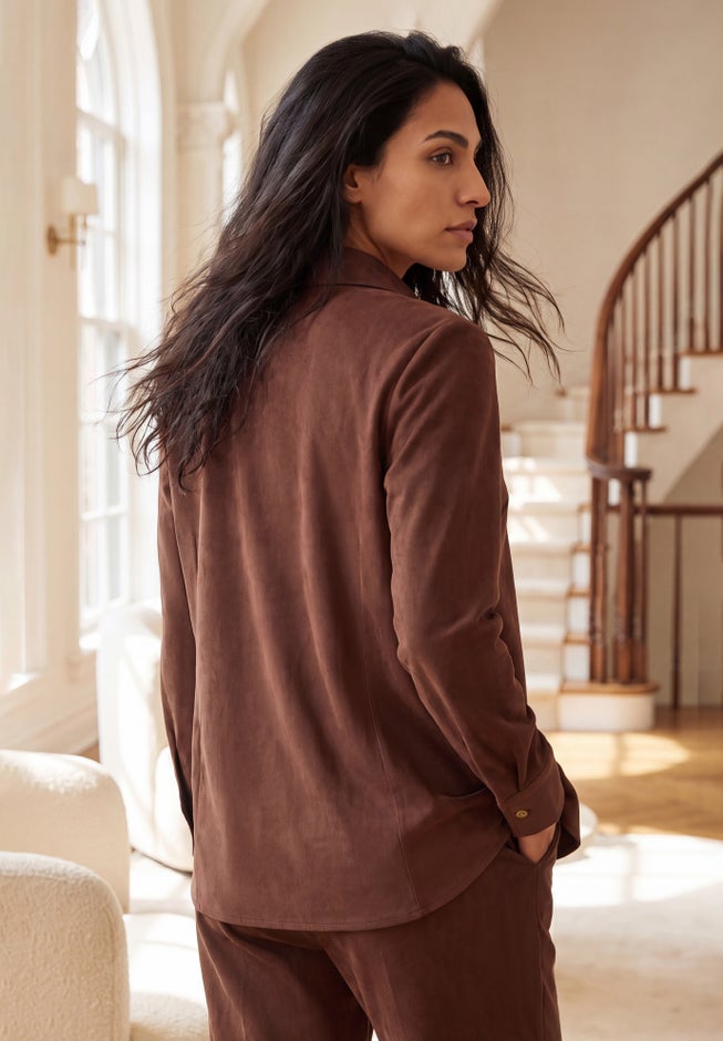 Stretch Faux Suede Button-Up Shirt image number 1