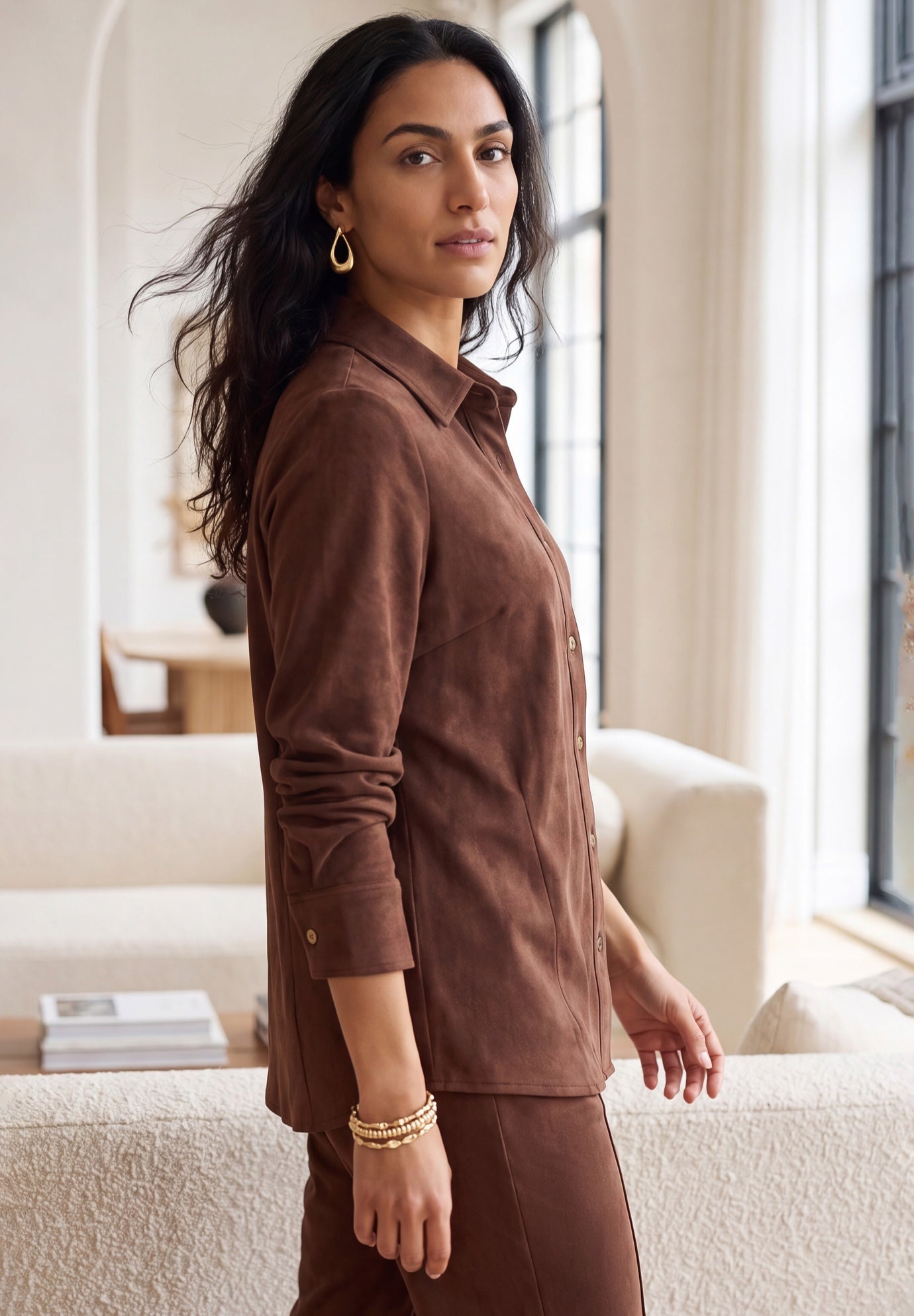 Stretch Faux Suede Button-Up Shirt image number 2