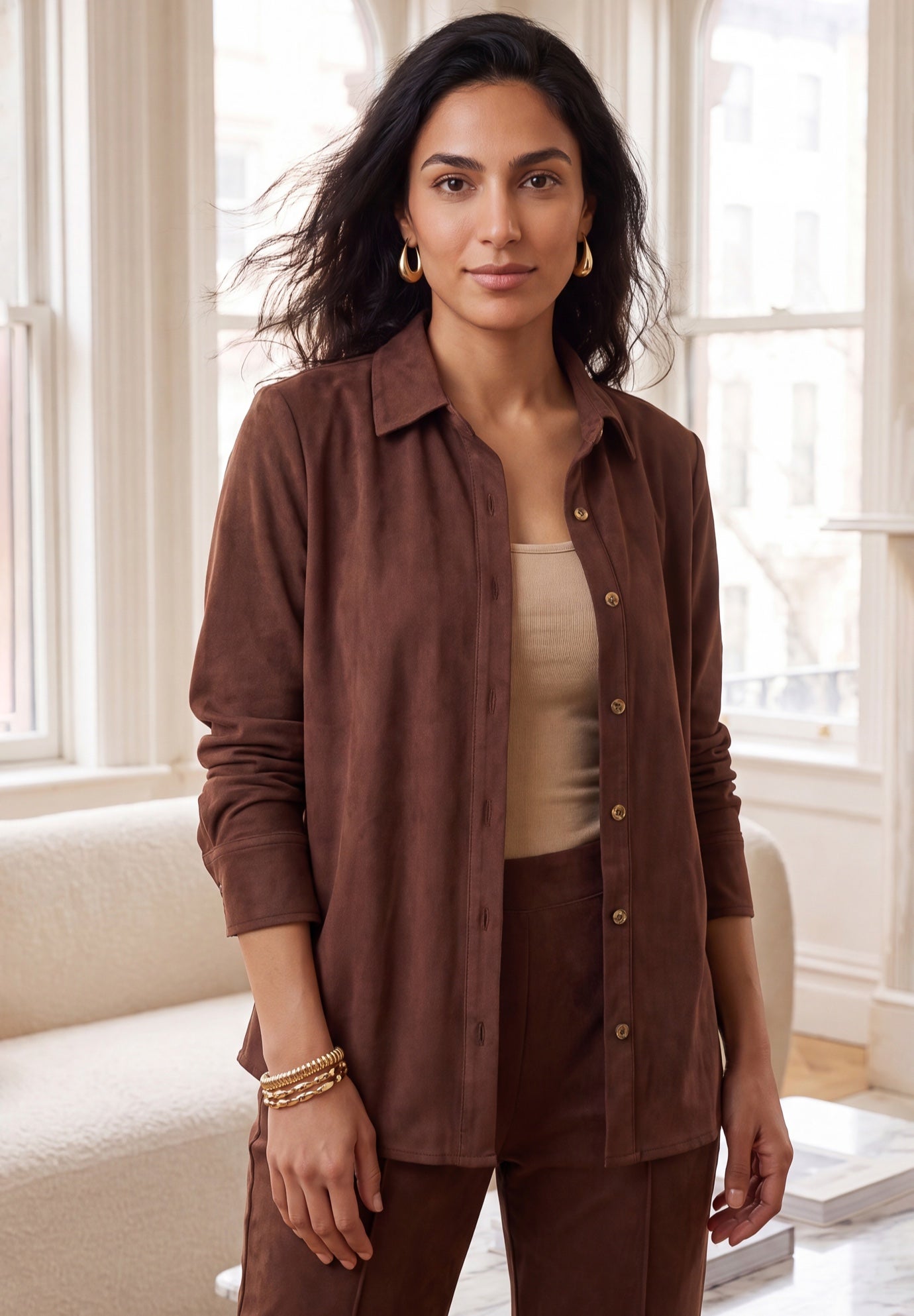 Stretch Faux Suede Button-Up Shirt image number 0