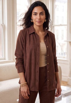 Stretch Faux Suede Button-Up Shirt