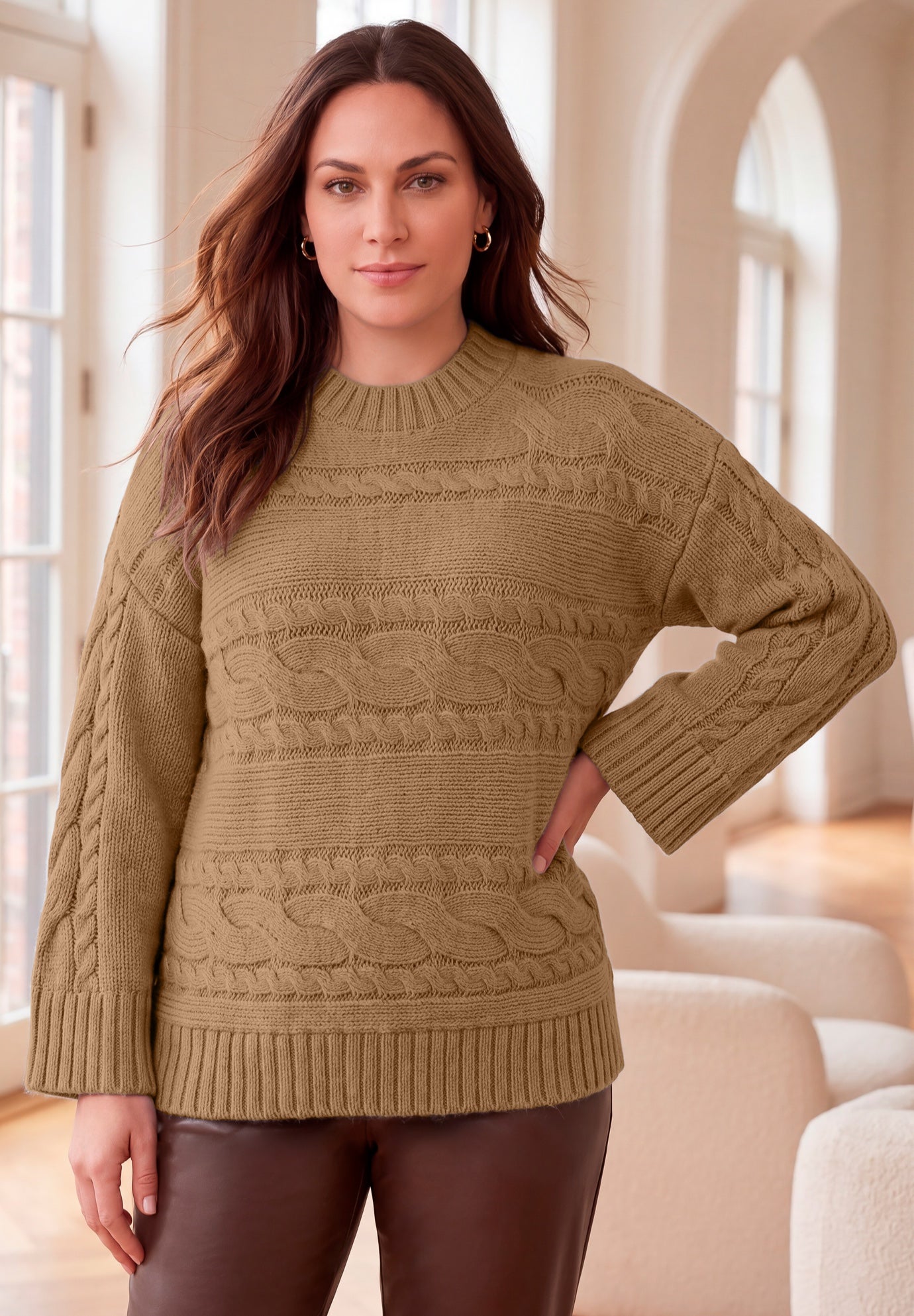 Cable Knit Bell-Sleeve Sweater image number 0