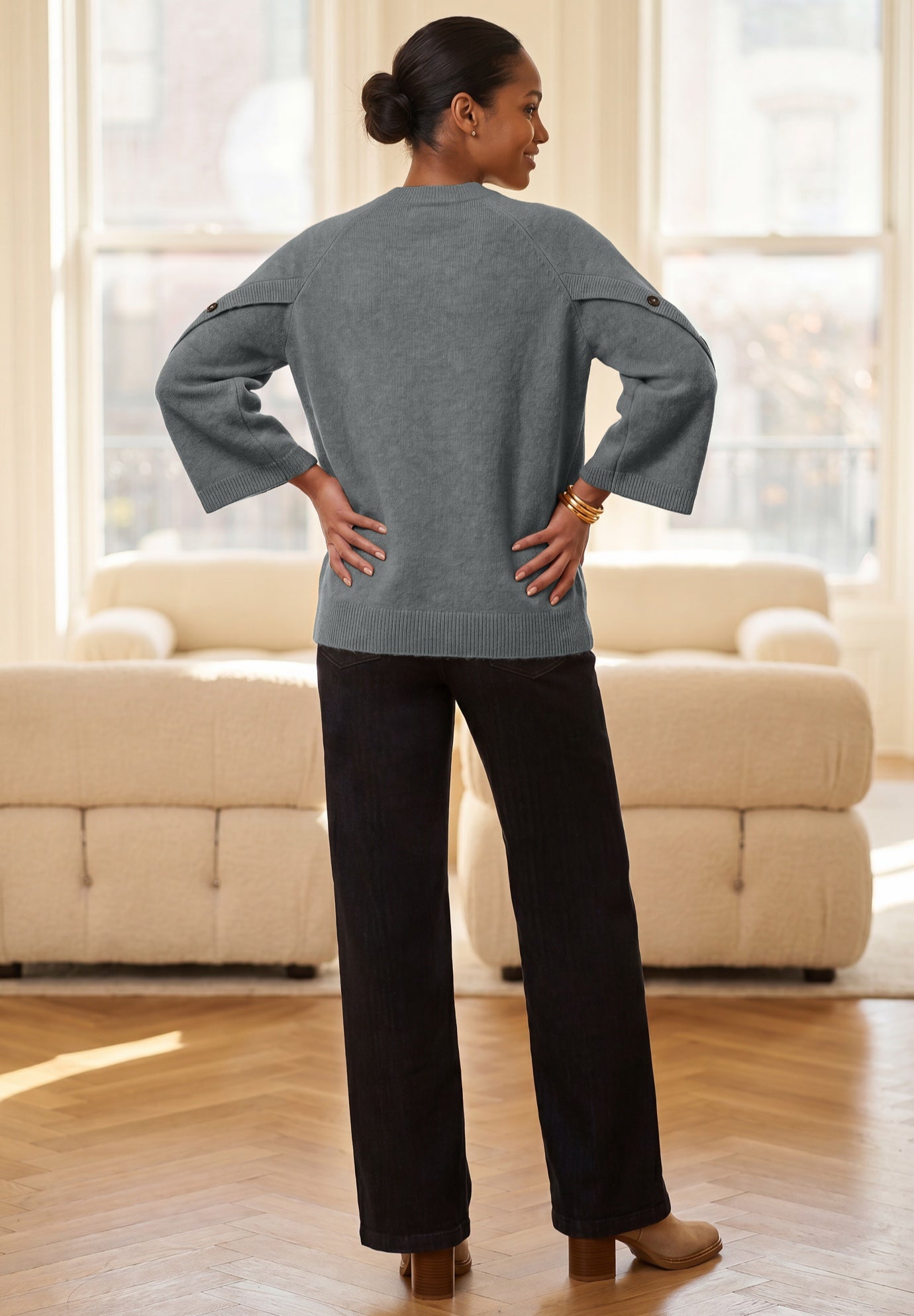 Button-Cuff Bell-Sleeve Sweater image number 1