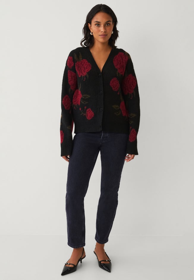 Wool-Blend V-Neckline Ribbed Boxy Rose Knit Cardigan image number 1