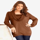 Plus Size Lightweight Cowl Neck Sweater with Lace Trim image number null