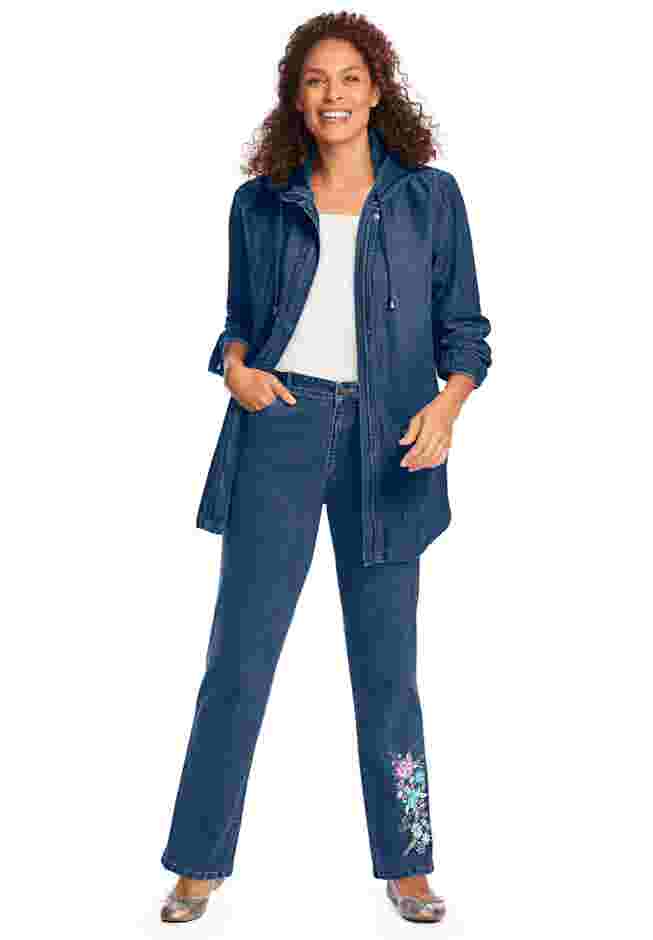 Womens Plus-Size Straight-Leg Stretch Denim Five-Pocket Jeans image number 7
