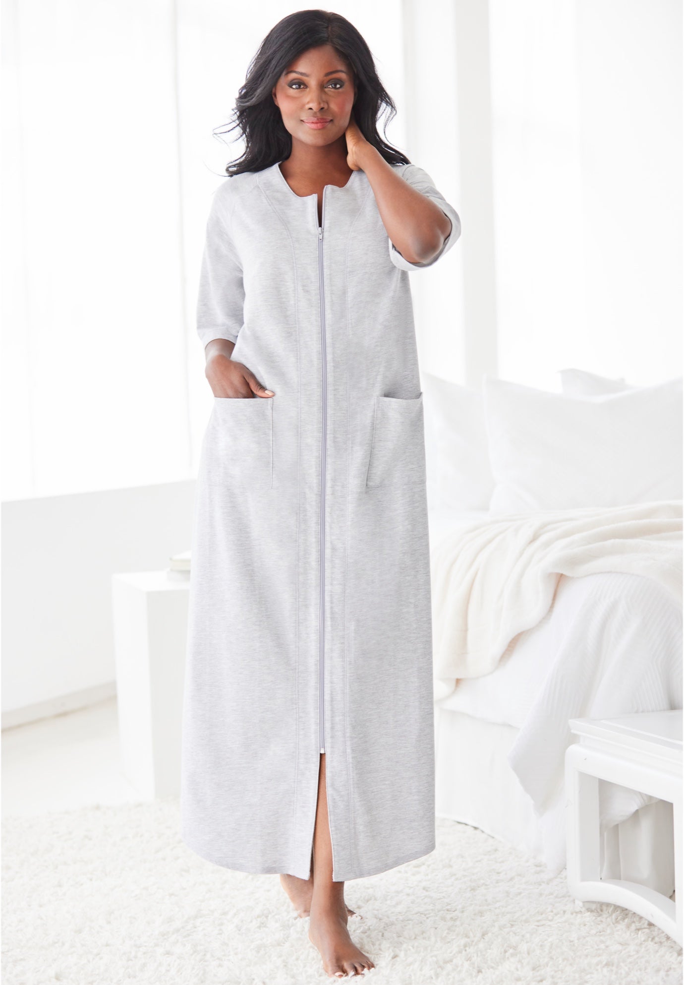Long French Terry Zip-Front Robe image number 6