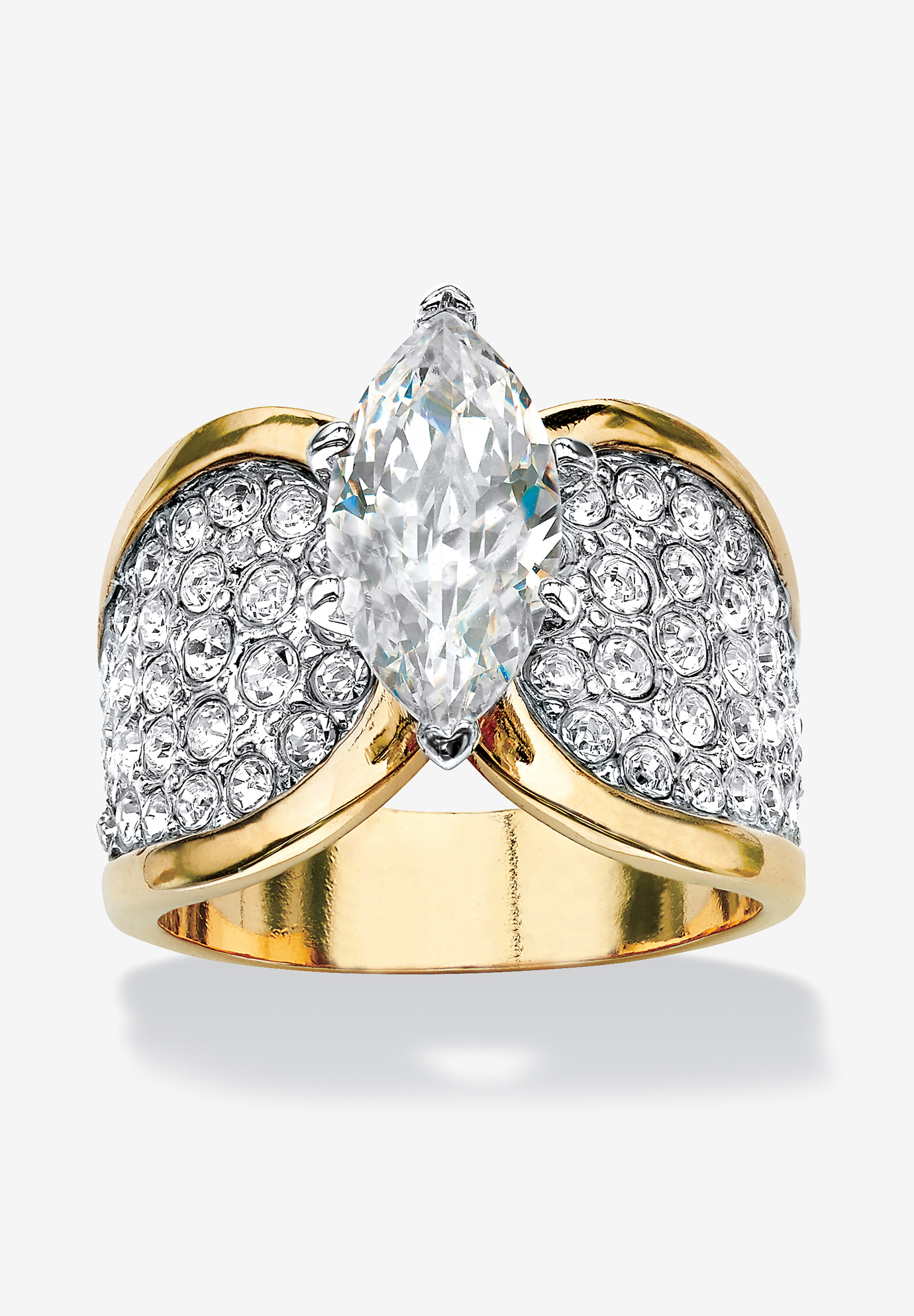 Yellow Gold Plated Cubic Zirconia and Round Crystals Cocktail Ring, 