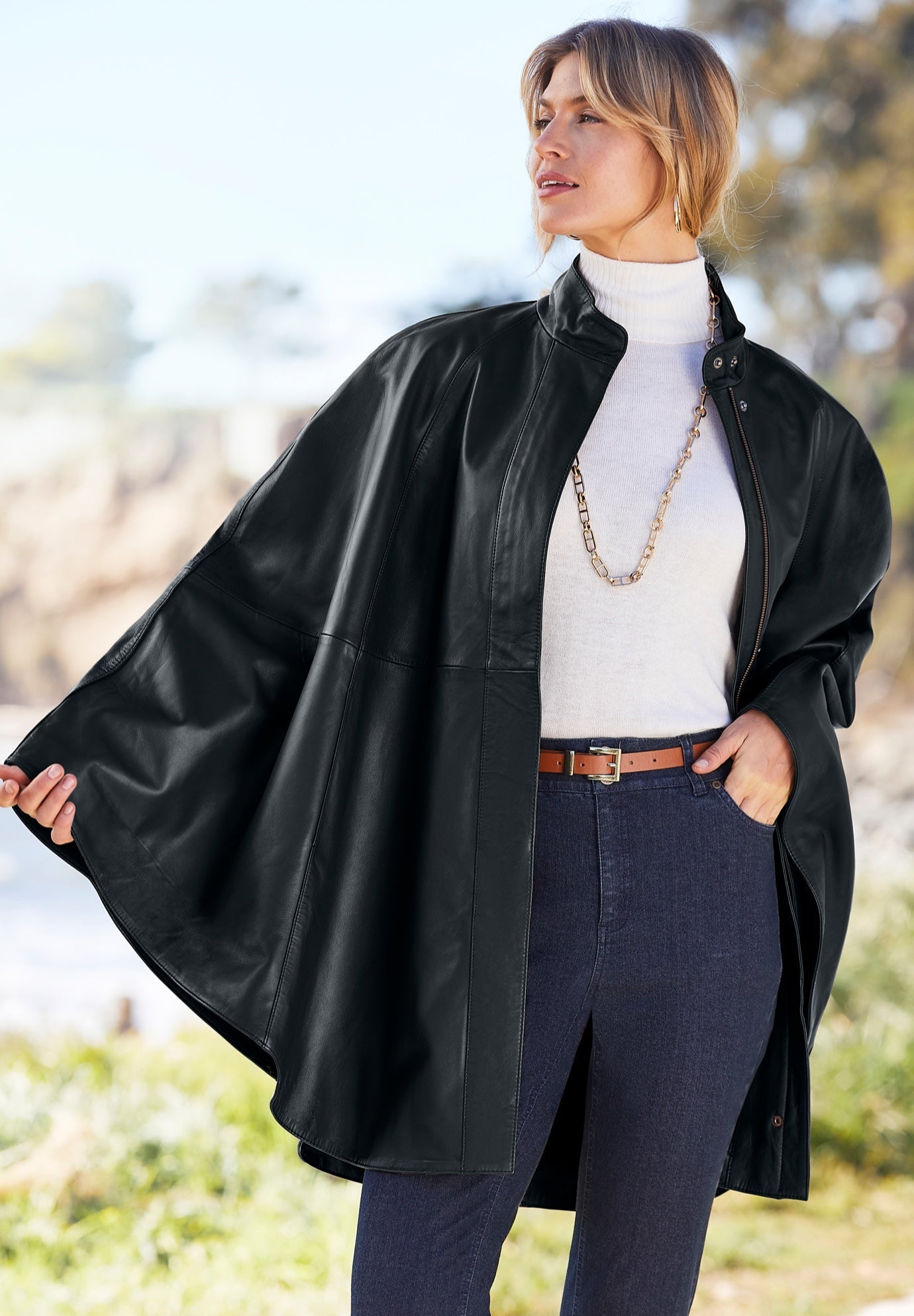 Ladies' Leather Poncho, Black | Jessica London