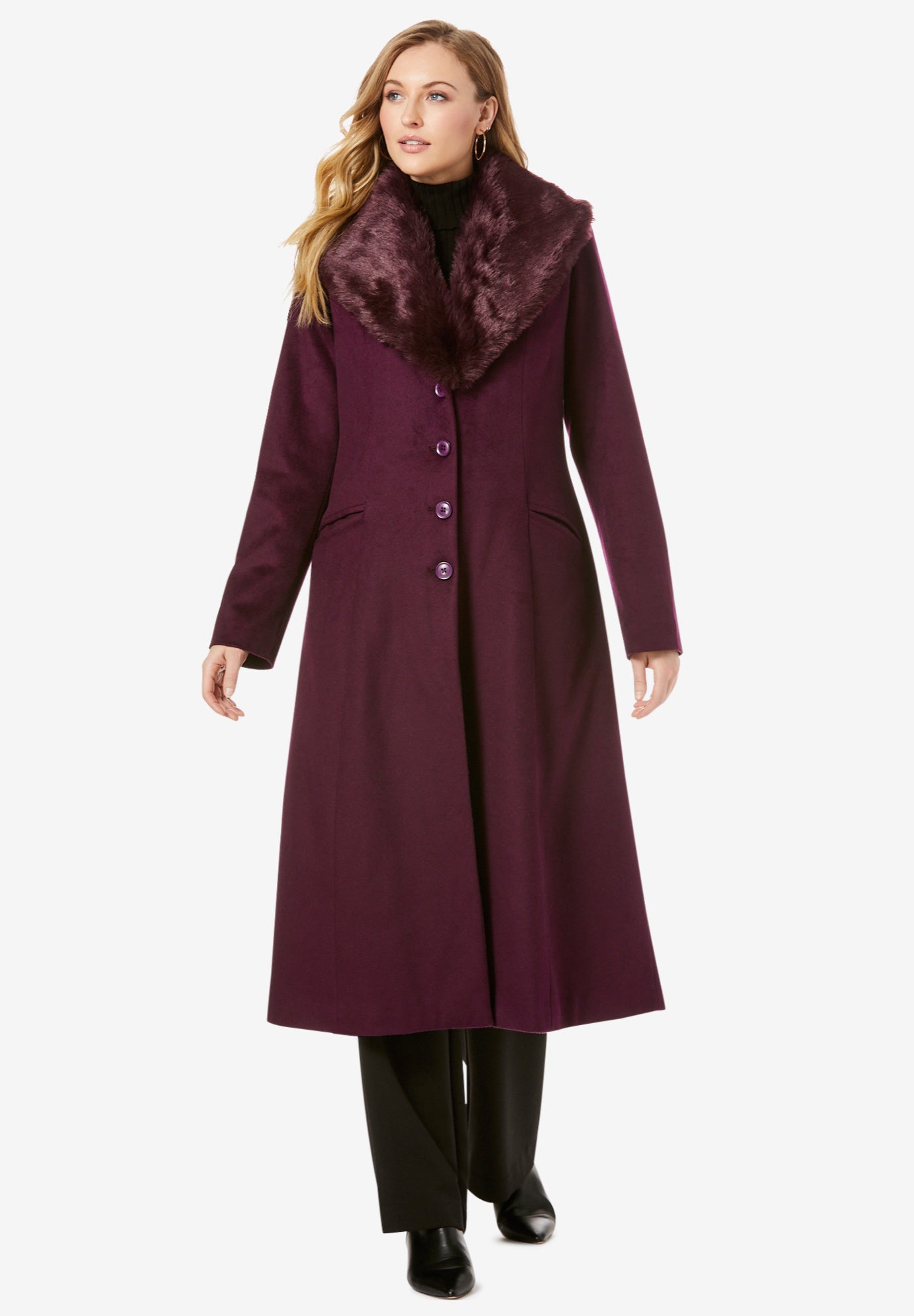 Long WoolBlend Coat with Faux Fur Collar Jessica London