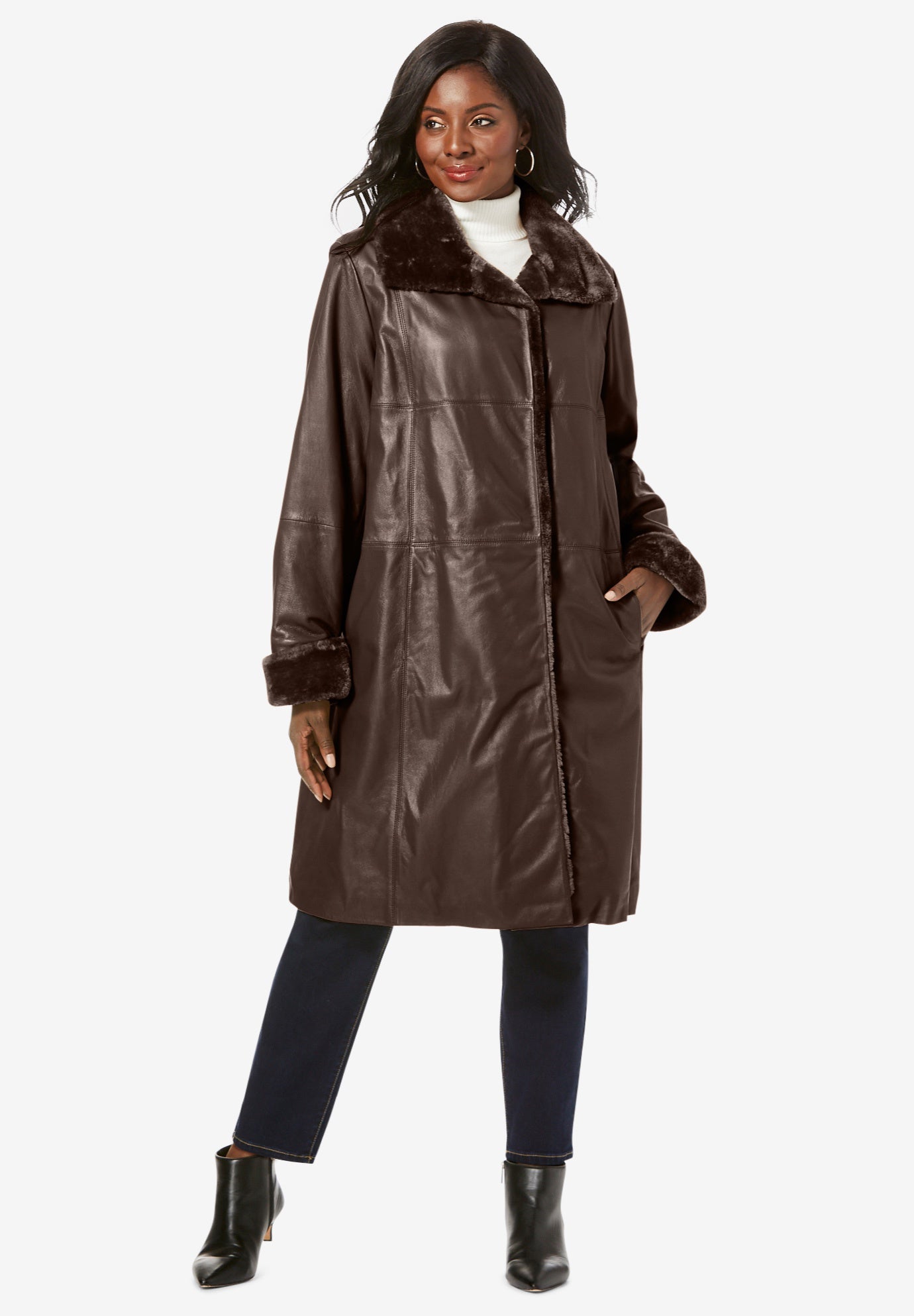 ロングジョン　レディース Ladies' Fur-Trim Leather Swing Coat, 4218182 | Jessica London
