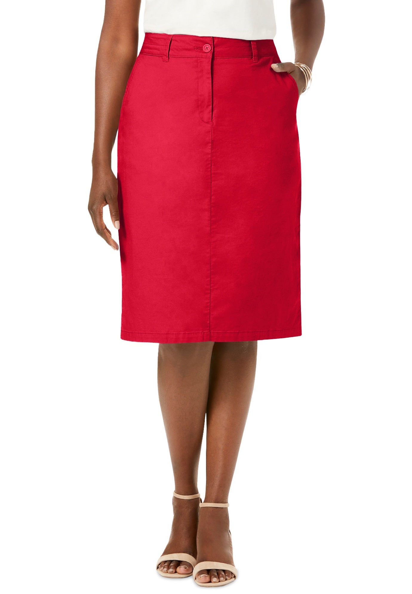 Work Stretch Cotton Chino Skirt, Vivid Red | Jessica London