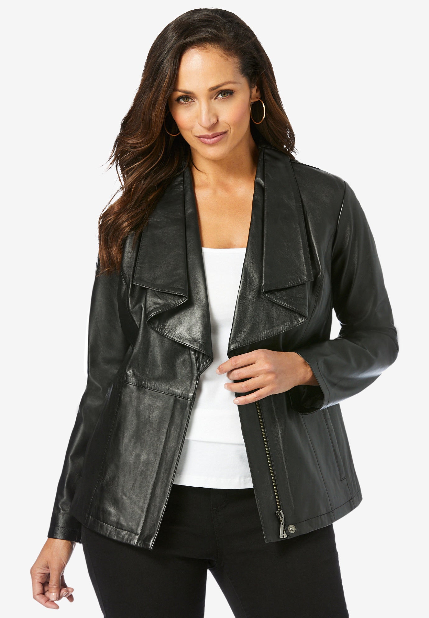 Leather Jacket With Ruffle Front Plus Size Coats Jackets Leather Jacket With Ruffle Front Black