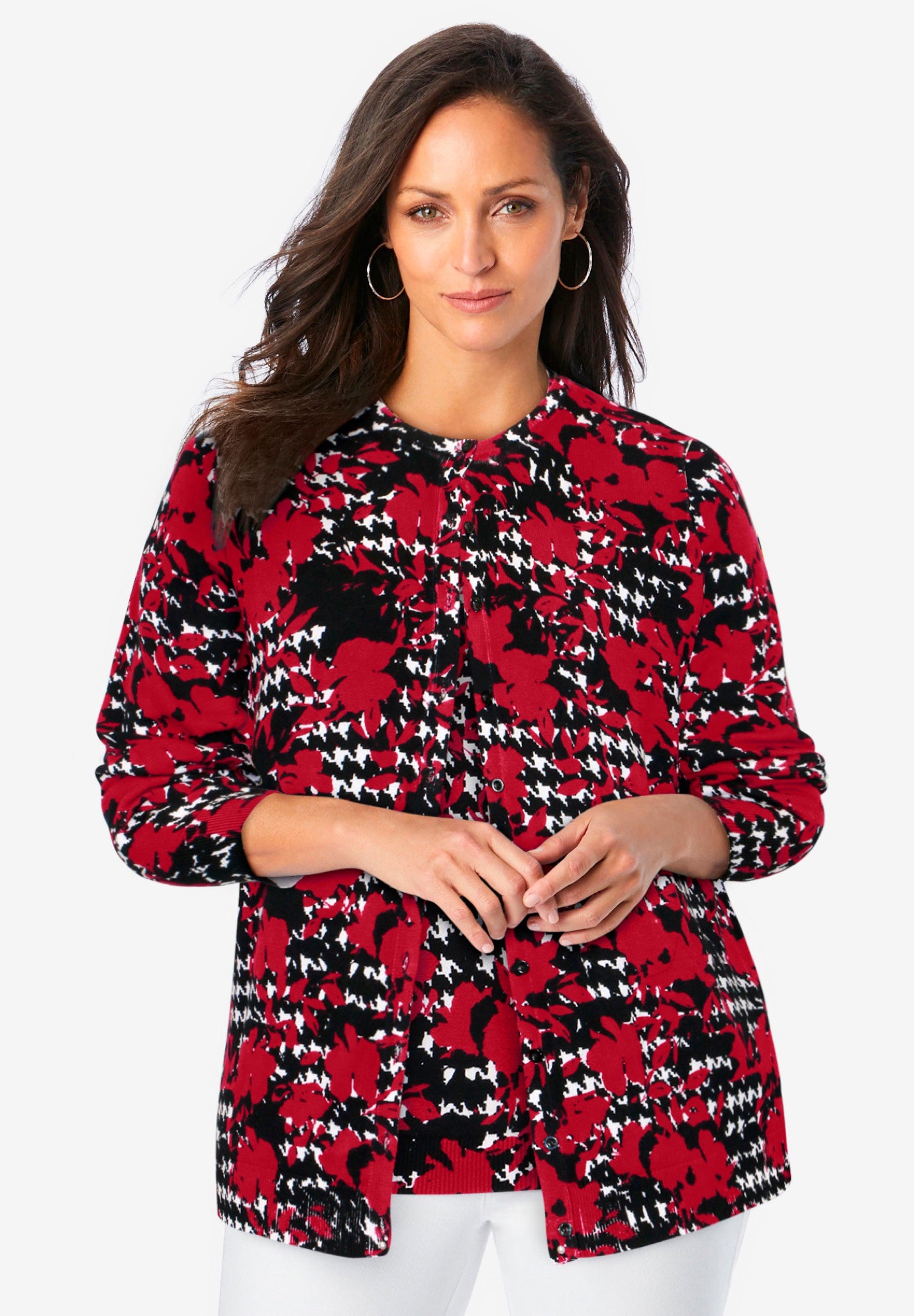 Ladies Fine Gauge Cardigan Ivory Floral Houndstooth Jessica London