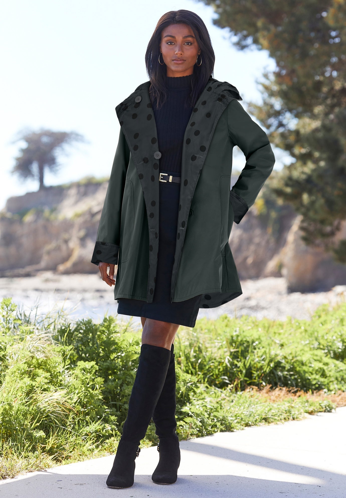 Ladies' Reversible A-Line Raincoat, Dark Charcoal Dot | Jessica London