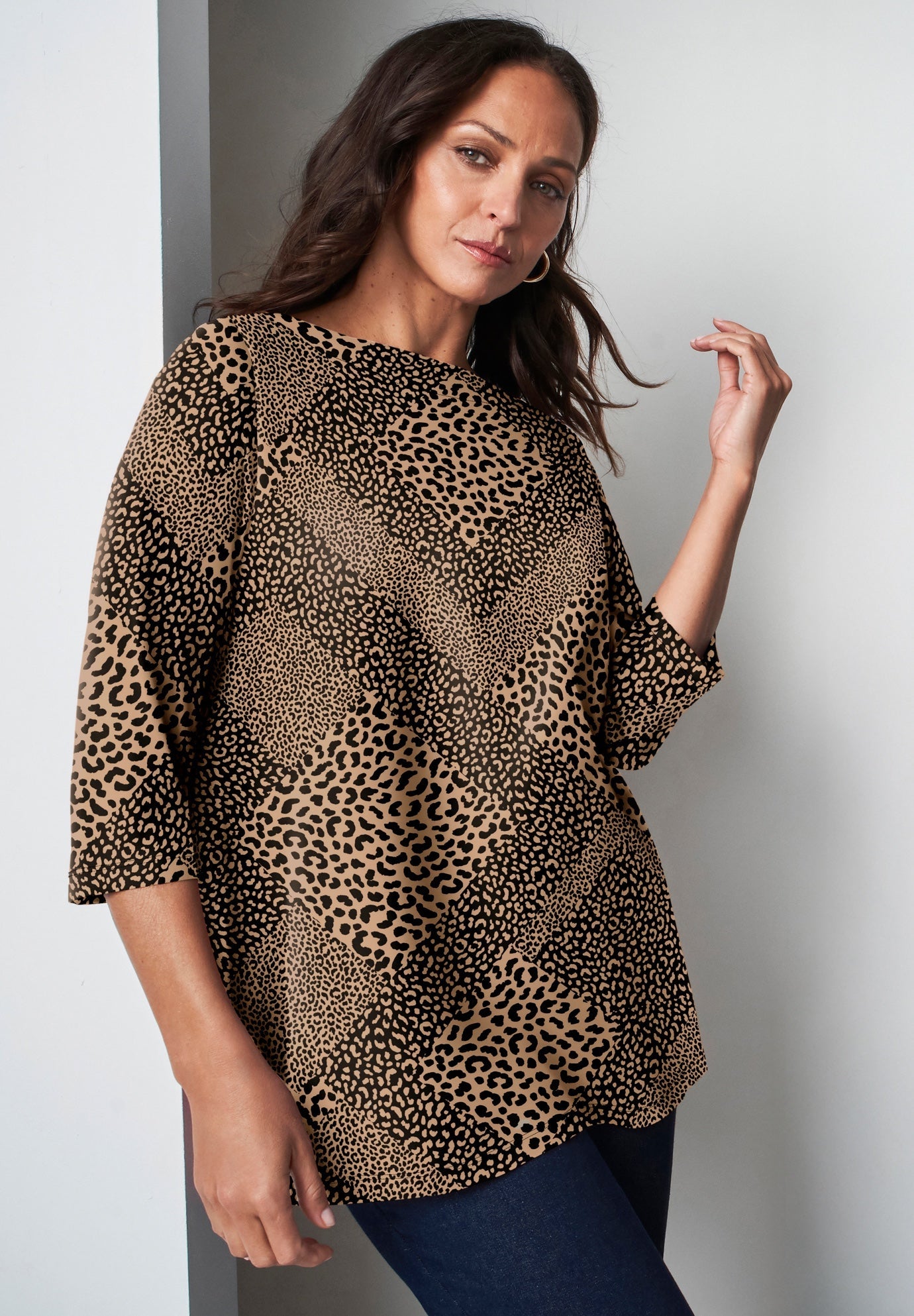 Ladies' Stretch Cotton Boatneck Tunic, New Khaki Animal Patchwork
