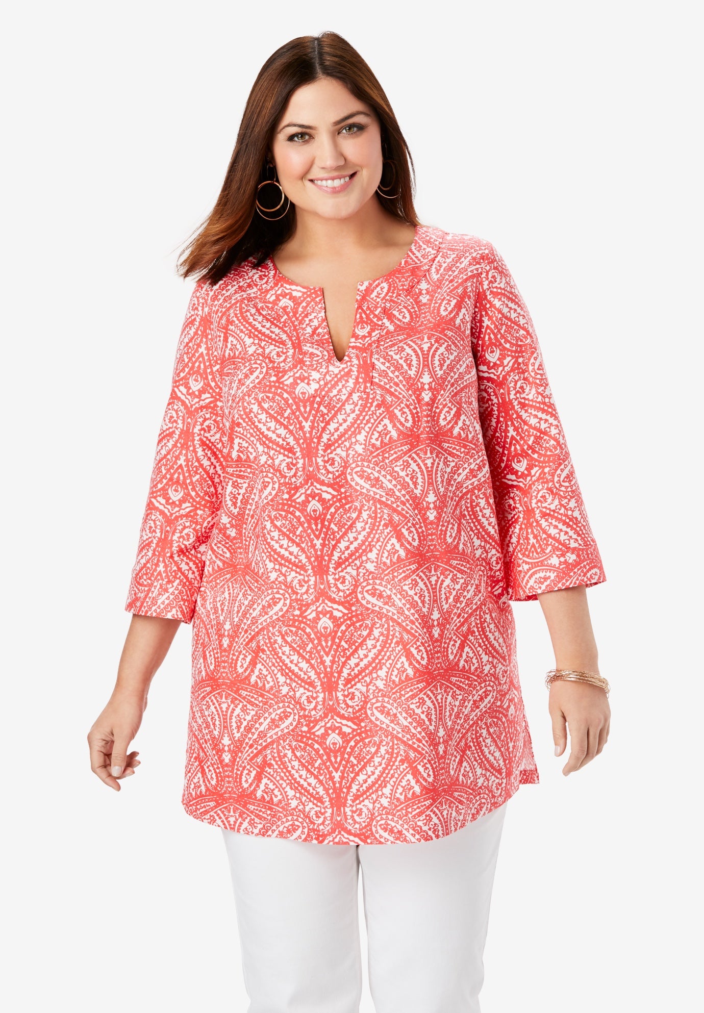 Linen V Neck Tunic Jessica London long-sleeve-split-side-maxi-tunic-long-tunic-tops-long-tunic-tops