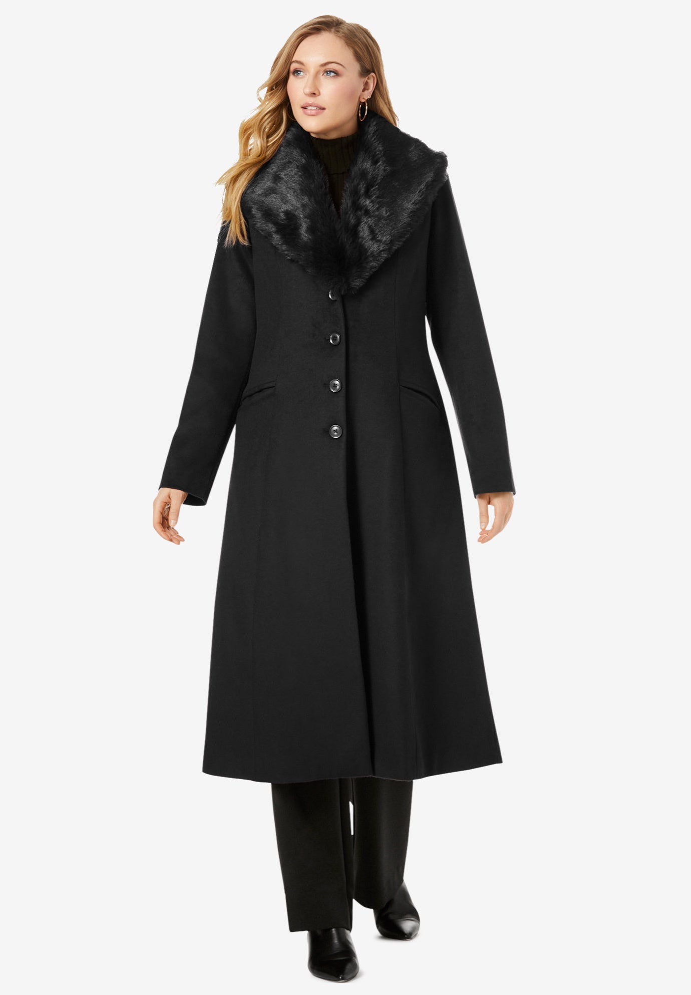 Long WoolBlend Coat with Faux Fur Collar Jessica London