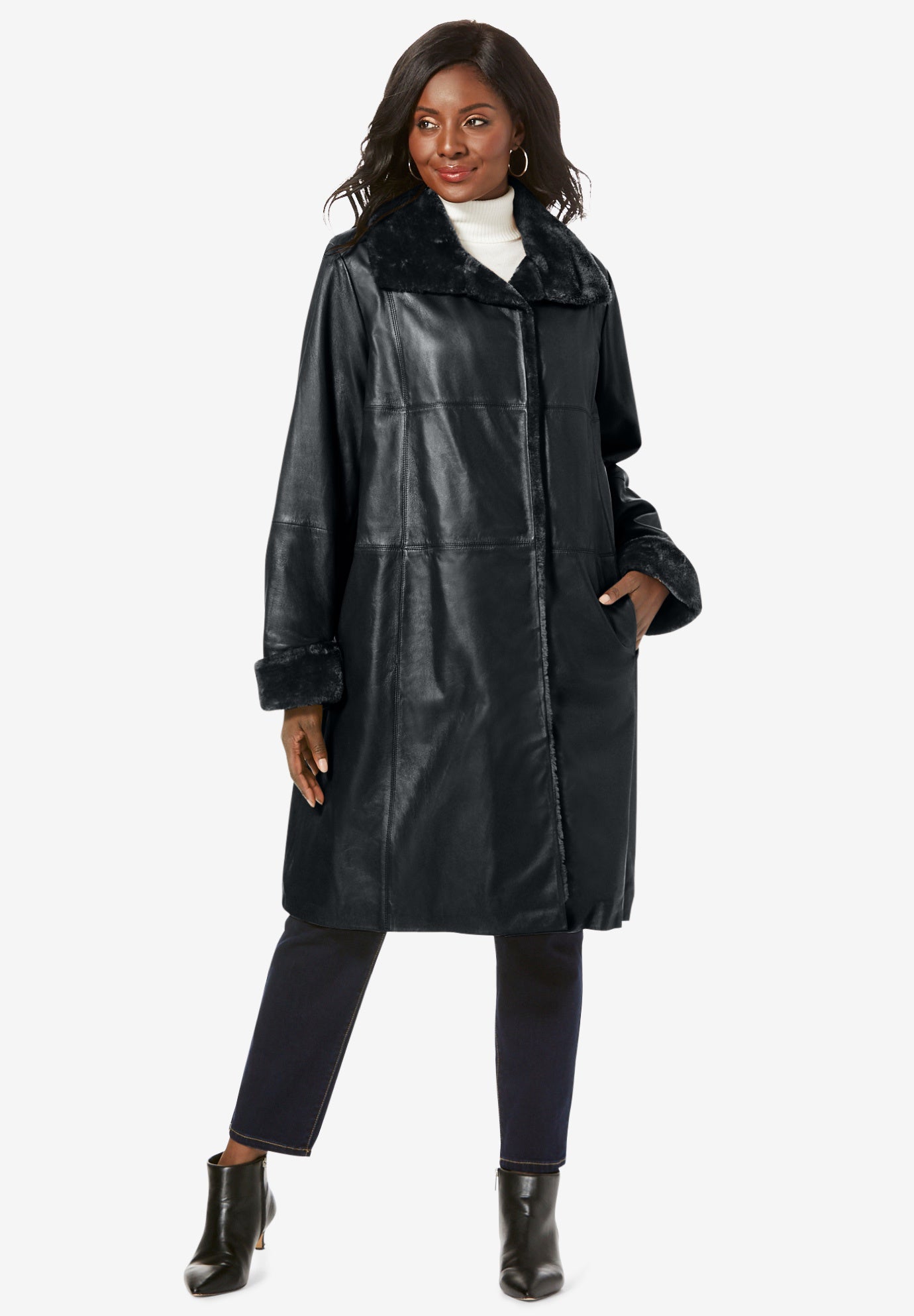 Fur-Trim Leather Swing Coat | Jessica London