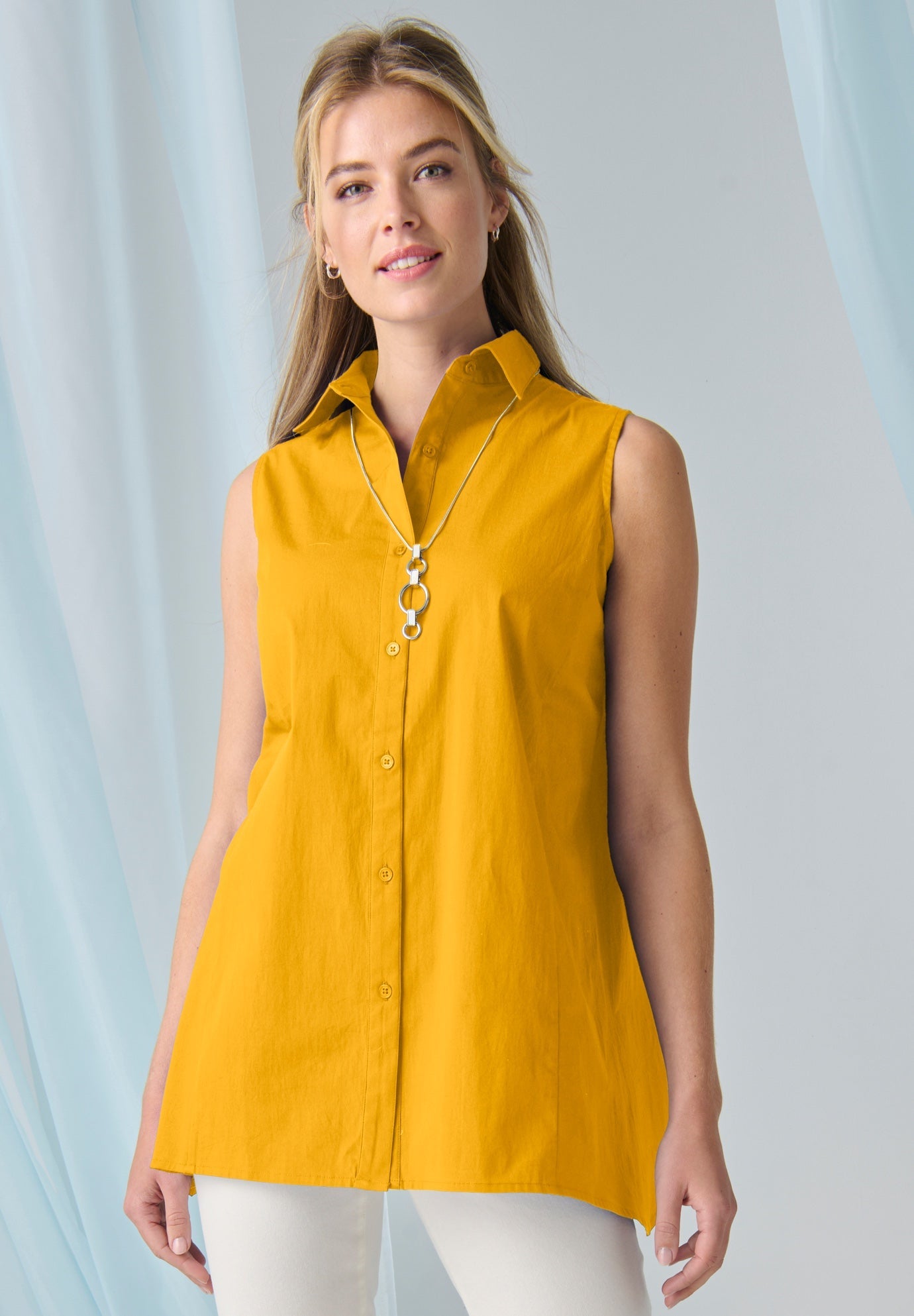 Ladies' Stretch Cotton Poplin Sleeveless Shirt, Sunset Yellow