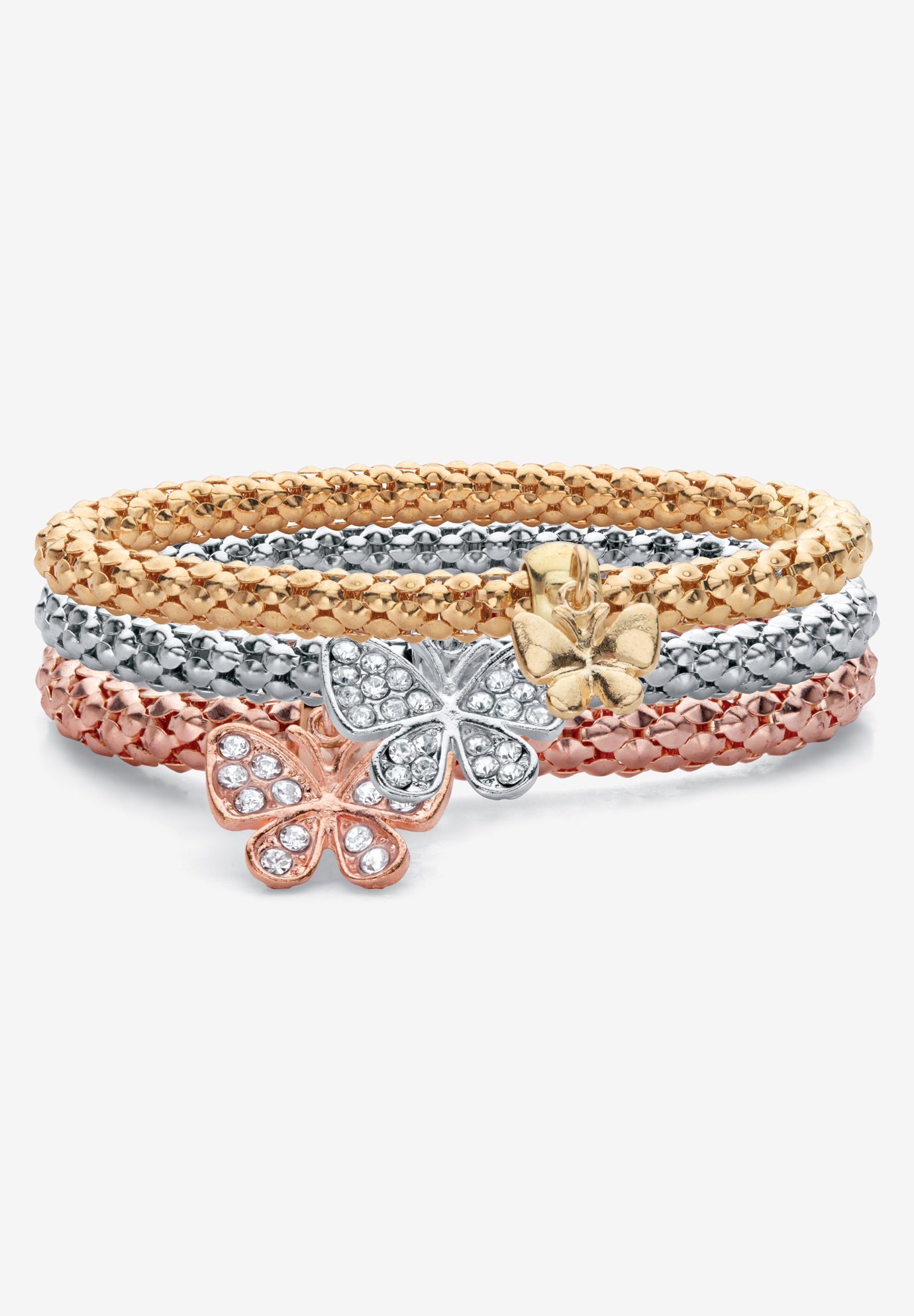 Rose Gold-Plated Butterfly Charm Stretch Bracelet Set, CRYSTAL