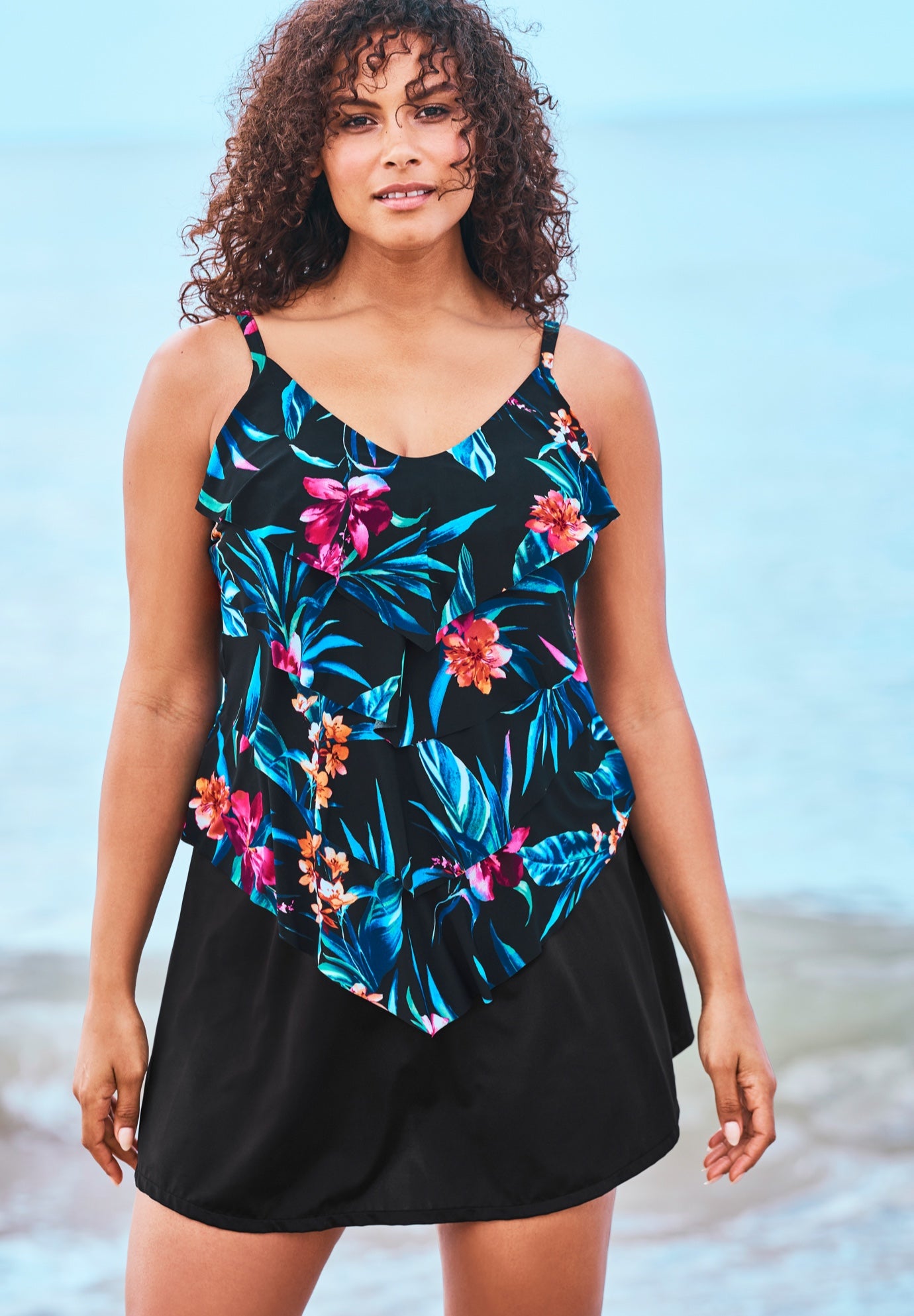 VNeck Tiered Tankini by Trimshaper by Miraclebrand®. Plus Size