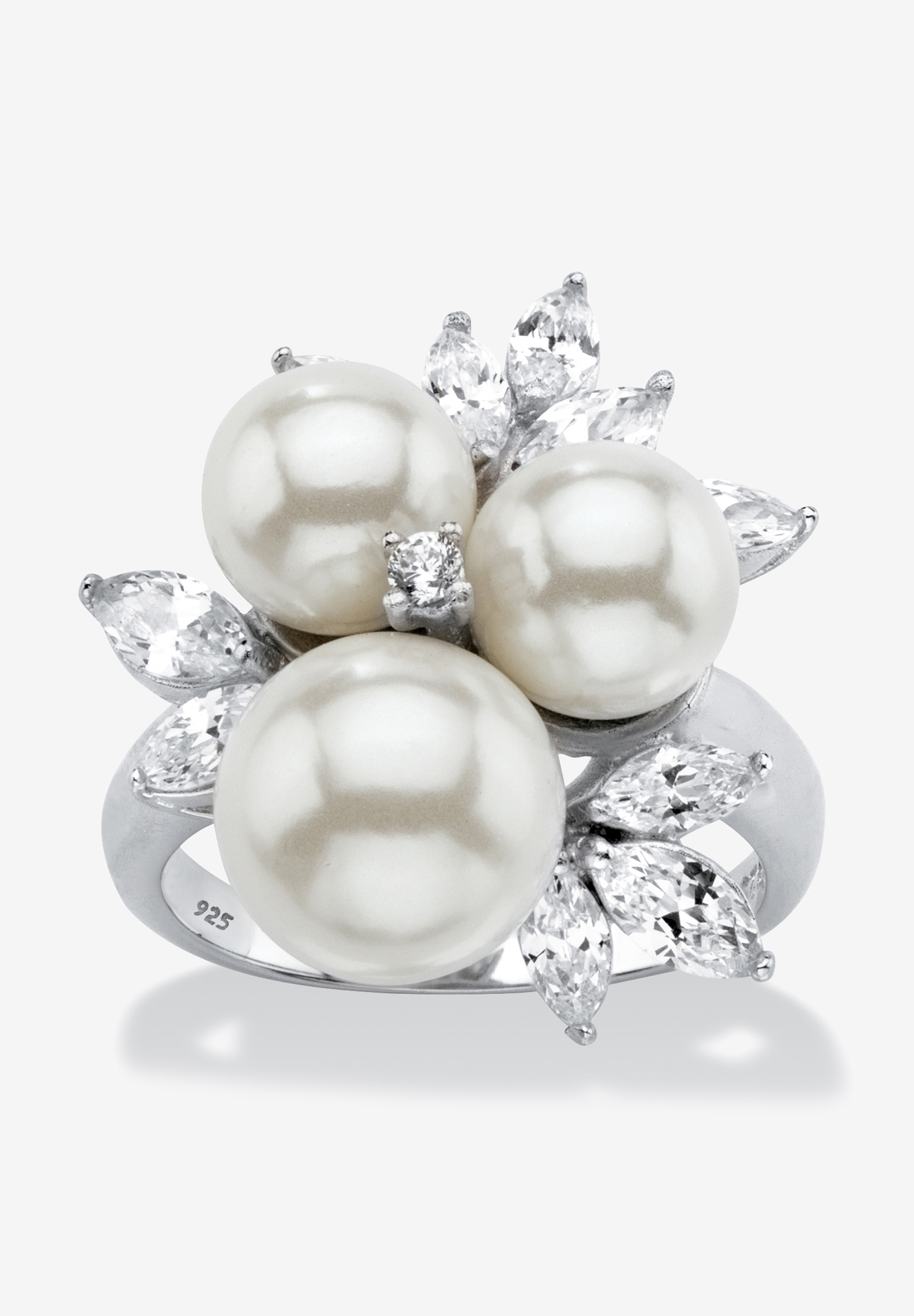 Platinum over Sterling Silver Simulated Pearl and Cubic Zirconia Ring, 