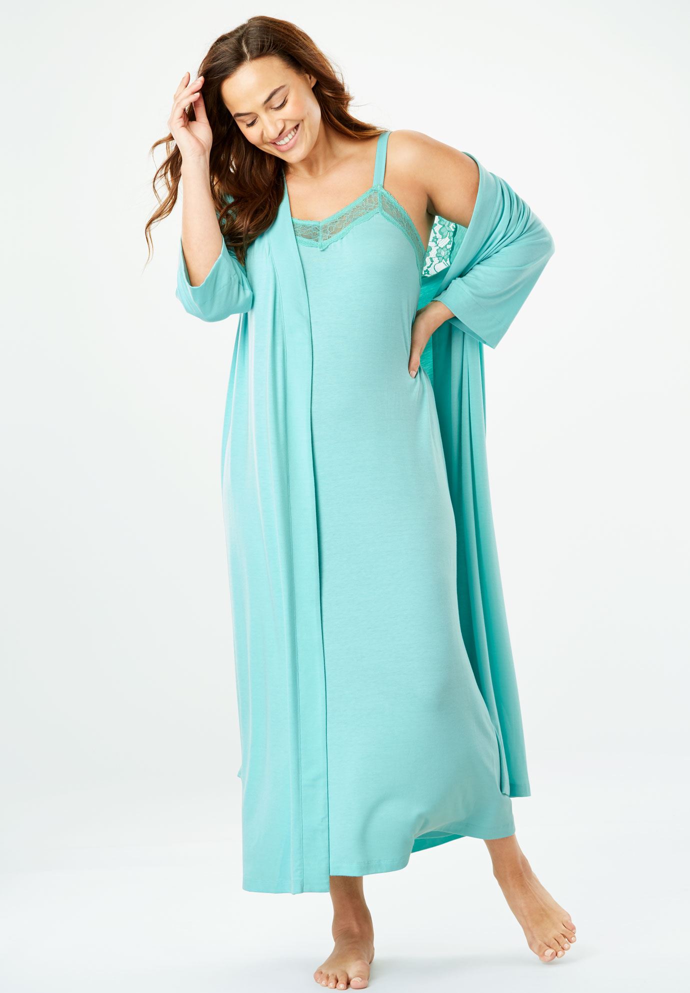 Lace Trimmed Knit Peignoir Set by Amoureuse®| Plus Size Nightgowns | Jessica London
