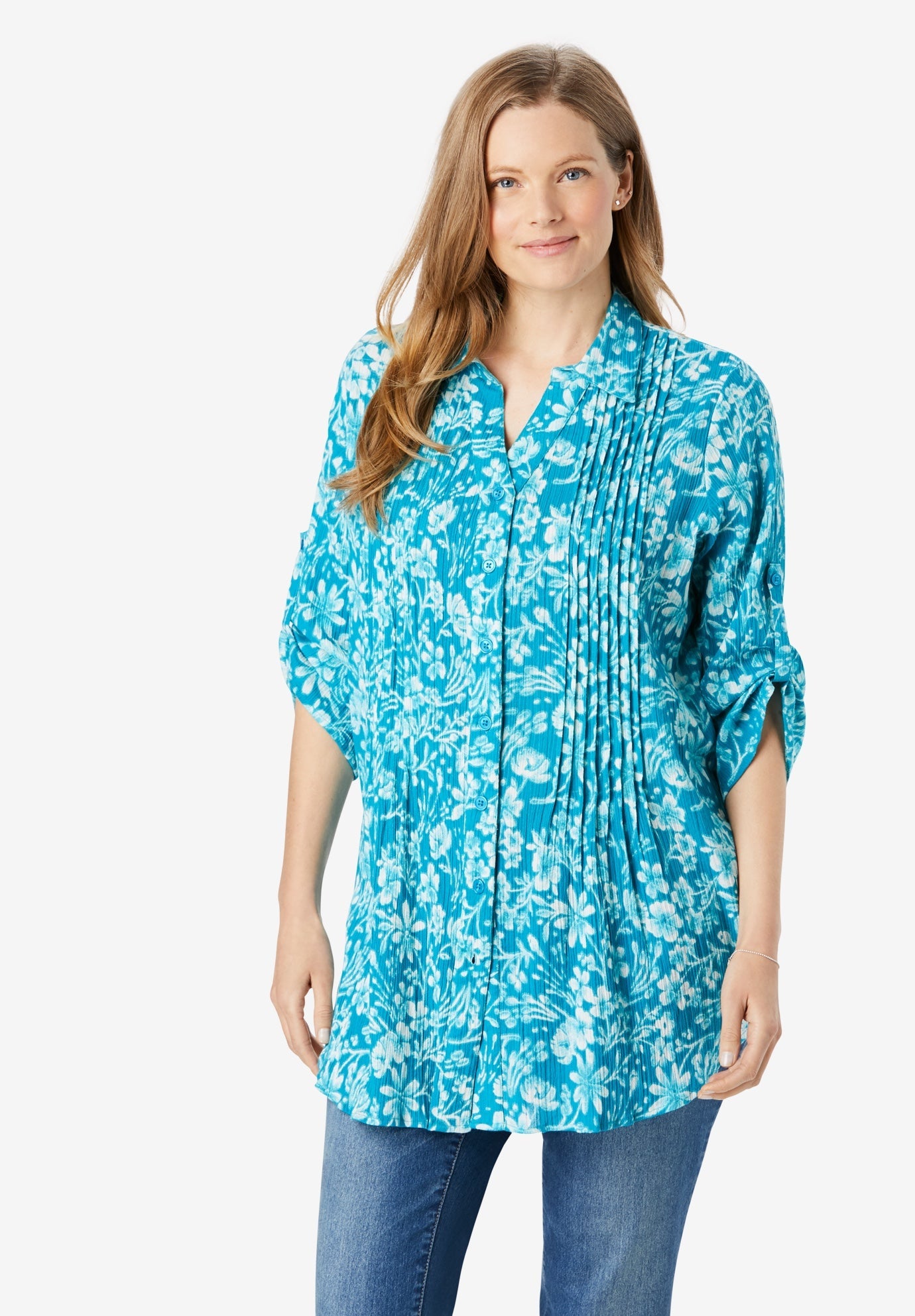 Pintucked Button Down Gauze Shirt Jessica London