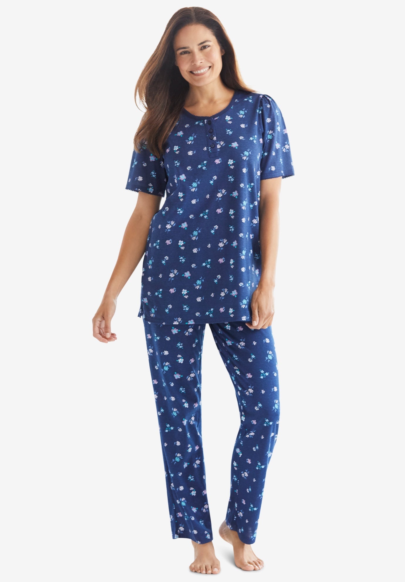 Floral Henley PJ Set by Dreams & Co.® Plus Size Pajama Sets Jessica