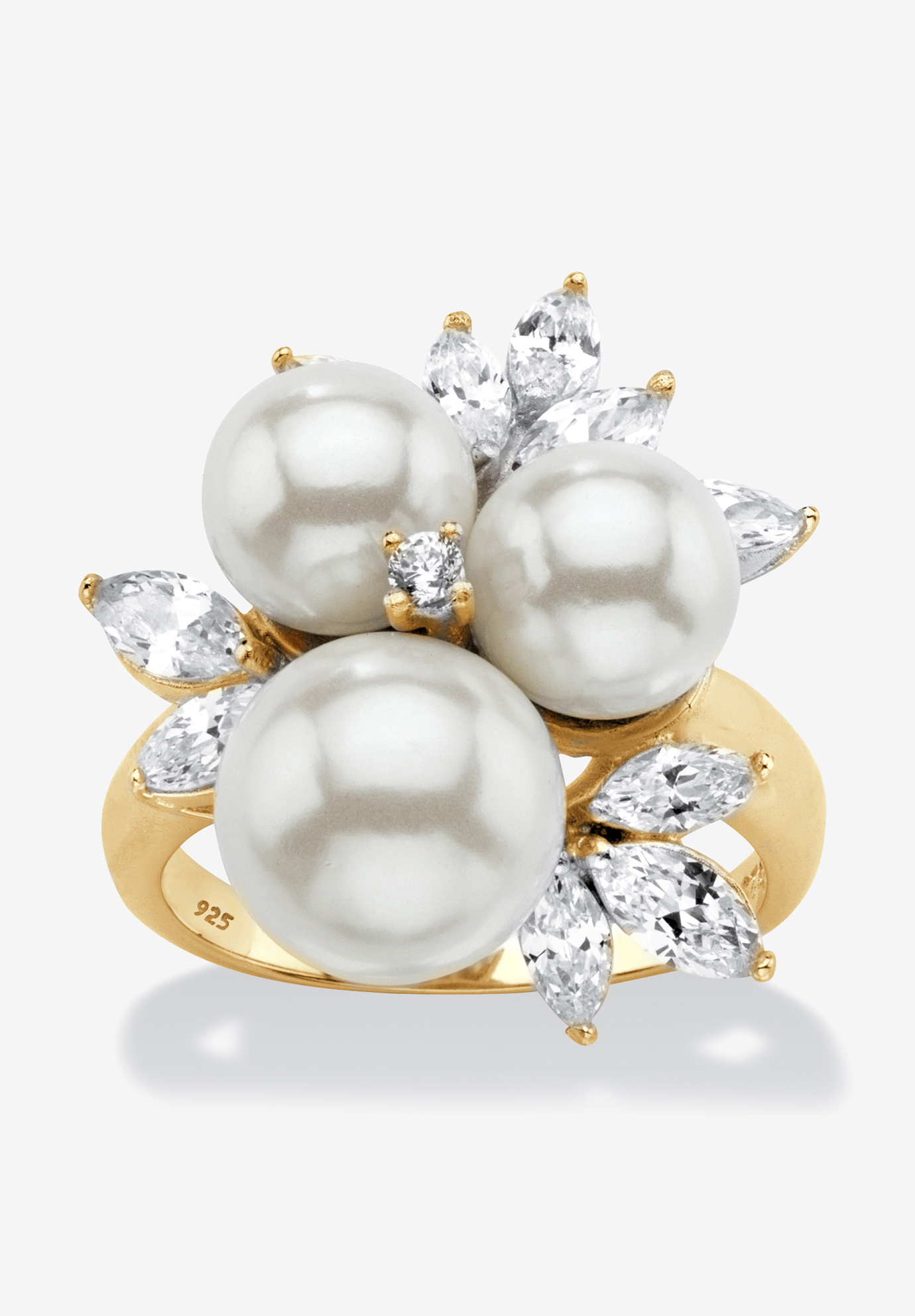 Yellow Gold over Sterling Silver Pearl and Cubic Zirconia Ring, 