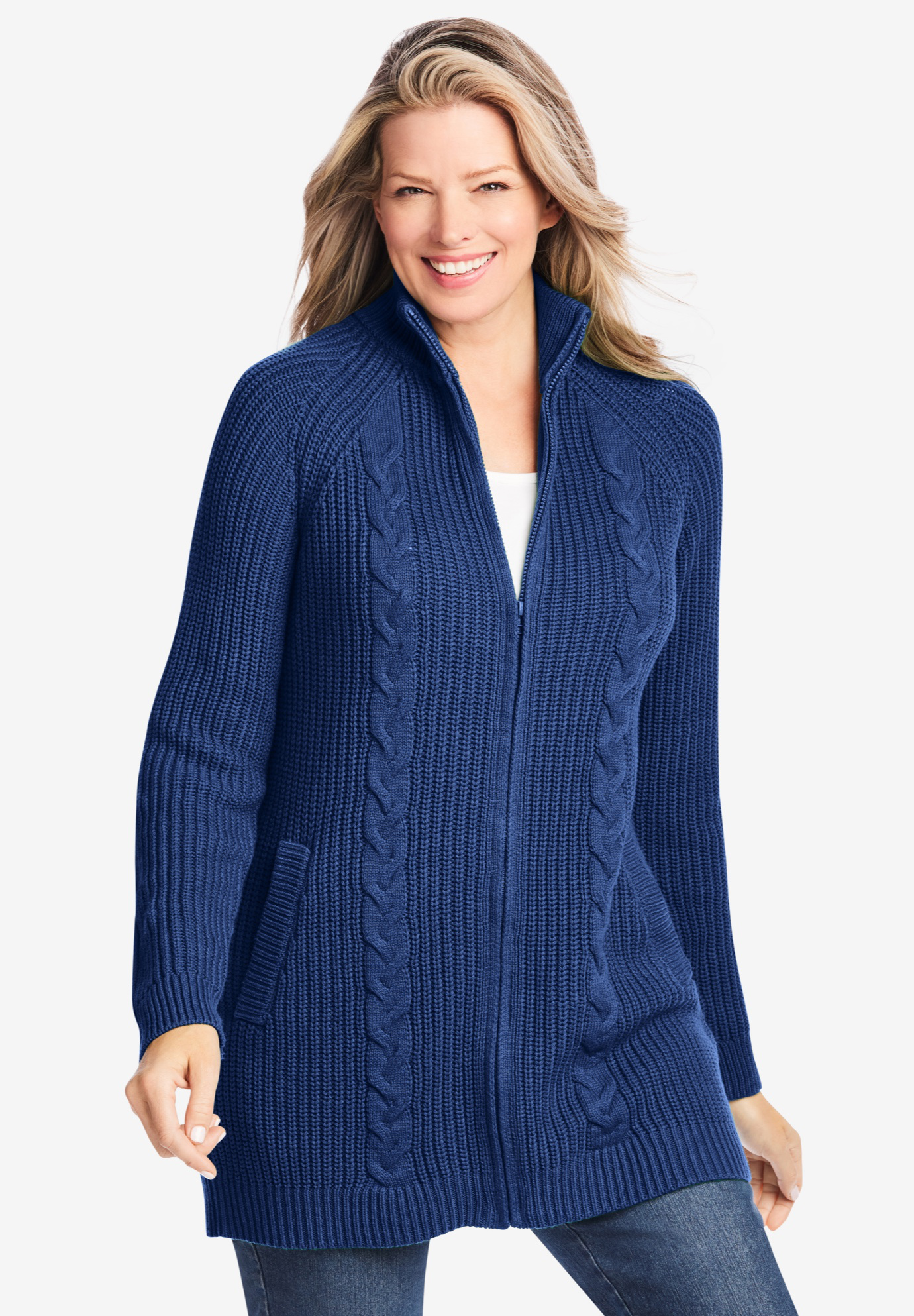 Cabled Zip-Front Cardigan, 