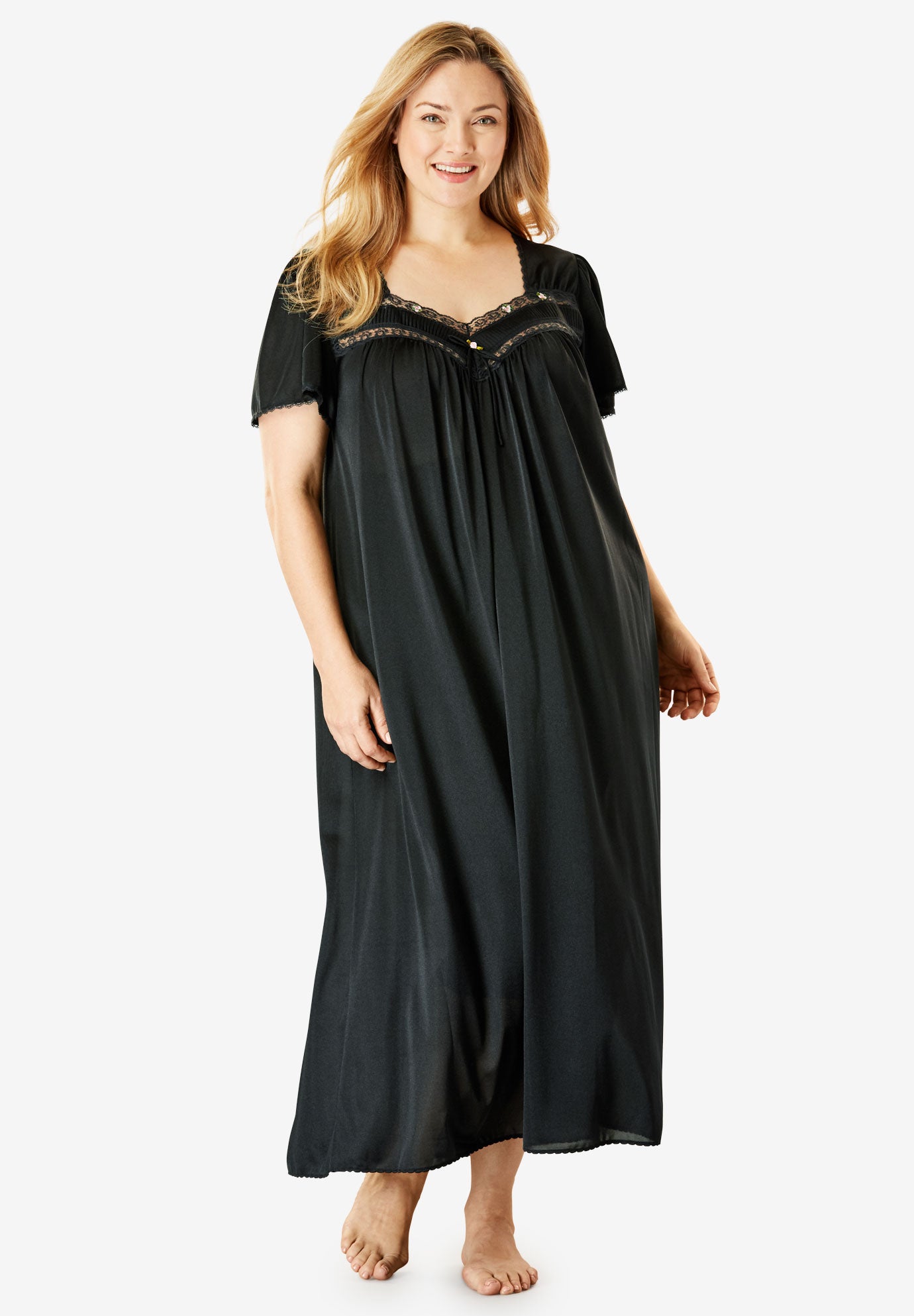 Long Silky Lace-Trim Gown by Only Necessities®| Plus Size ...