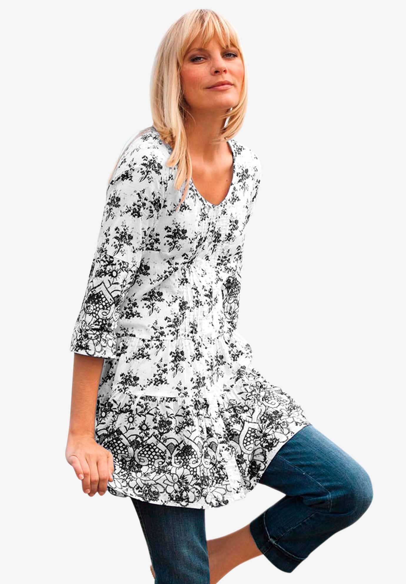 Tiered Floral 3/4 Sleeve Tunic, 