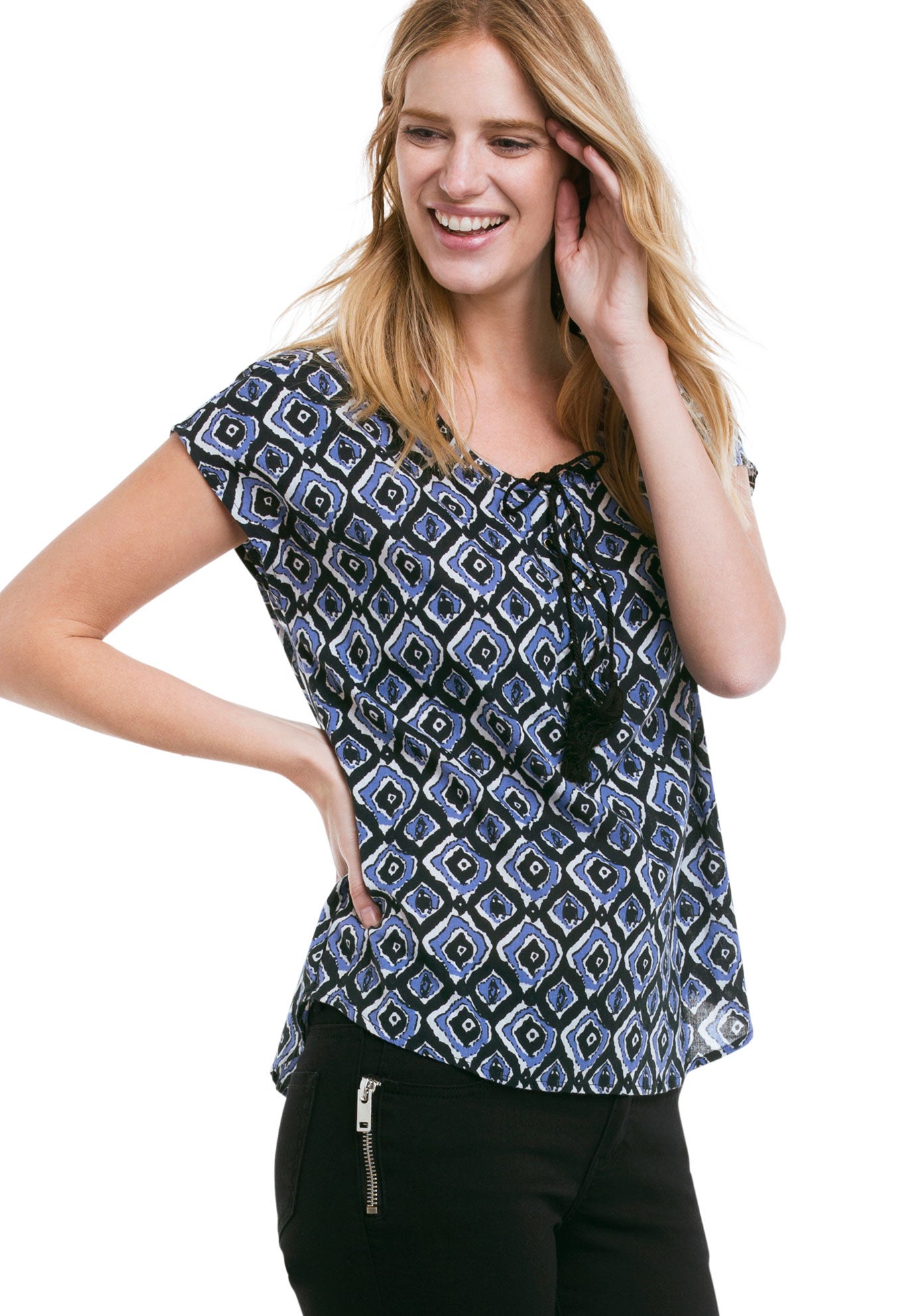ellos Women's Printed Cap Sleeve Blouse Sweater