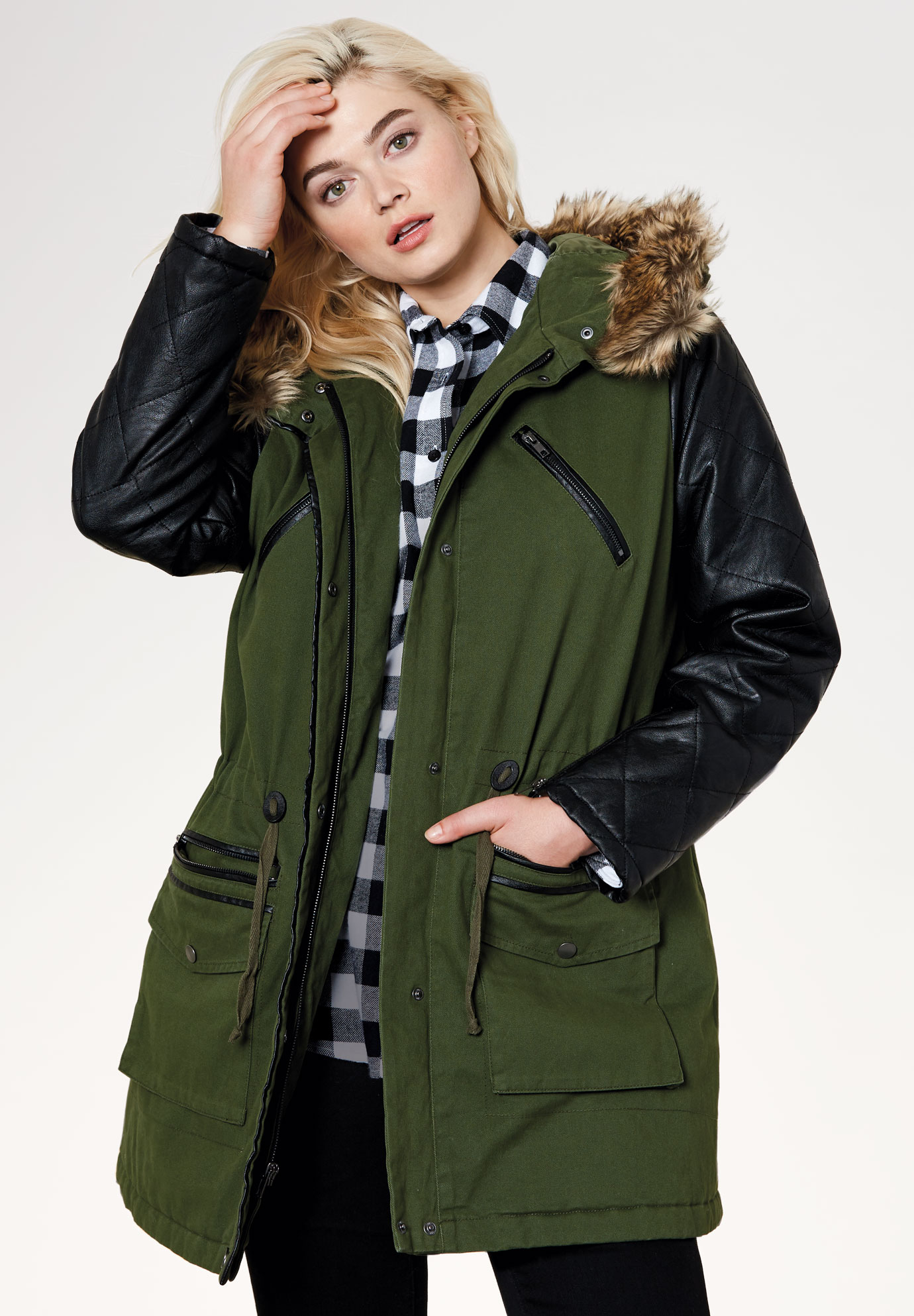 Quilted Faux Leather Sleeve Parka, 